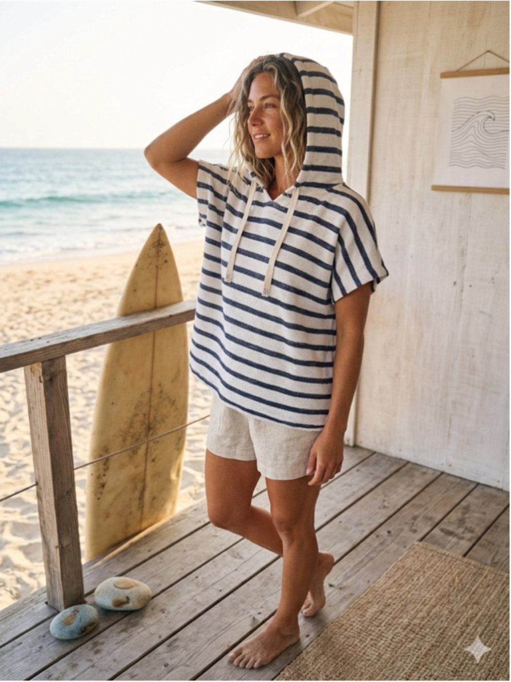 Lou & Grey for LOFT Striped Terry Poncho Hoodie XS/S Coastal Nautical Oversized